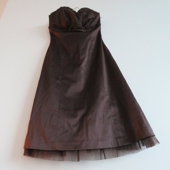 VINTAGE Y2K RW & CO Espresso Brown Satin Sweetheart Tulle Dress US 0 Prom Goth - Picture 9 of 15